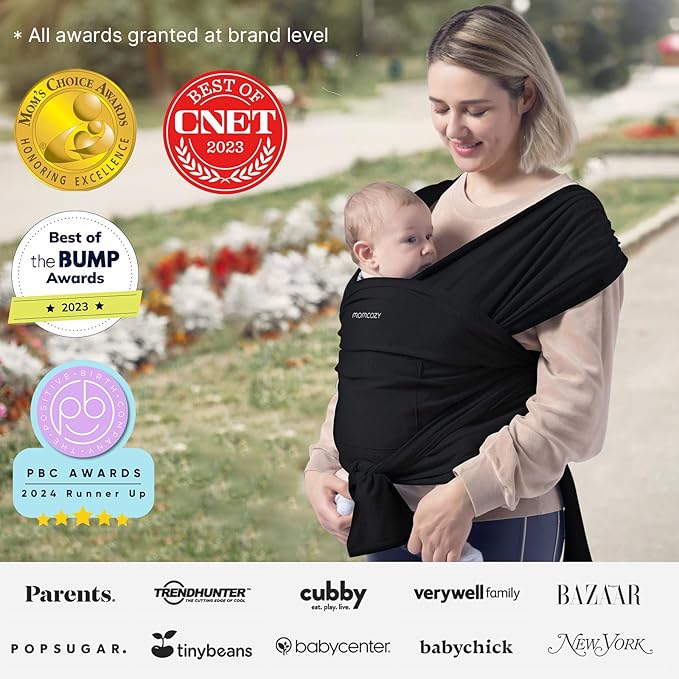 Momcozy Baby Wrap Carrier, Easy to Wear Infant Carrier Slings, Lightweight Hands Free Baby Sling, Adjustable Baby Carriers for Newborn to Toddler 8-35 lbs, Black