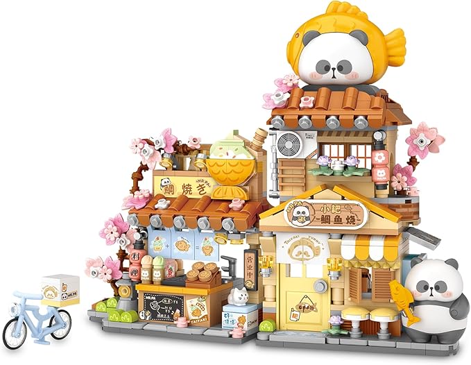 Cute Panda Mini Building Blocks Set, 858PCS MOC Mini Architecture Building Kits with Taiyaki Shop Street View Design - STEM Educational Construction Gift for Girls Boys Kids Adults