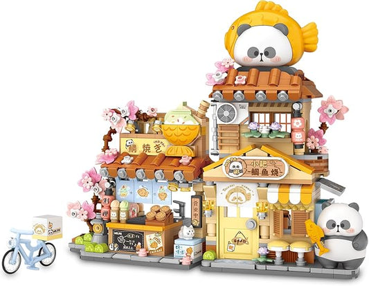 Cute Panda Mini Building Blocks Set, 858PCS MOC Mini Architecture Building Kits with Taiyaki Shop Street View Design - STEM Educational Construction Gift for Girls Boys Kids Adults