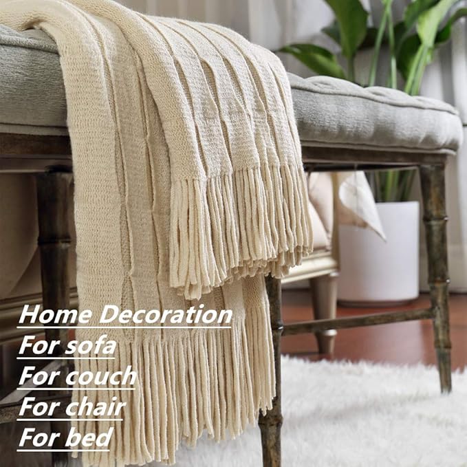 CREVENT Home Decor Rustic Couch Sofa Chair Bed Throw Blanket, Soft Warm Cozy Light Weight for Travelling, Giftable for Christmas(50''X60'' Beige/Ivory)