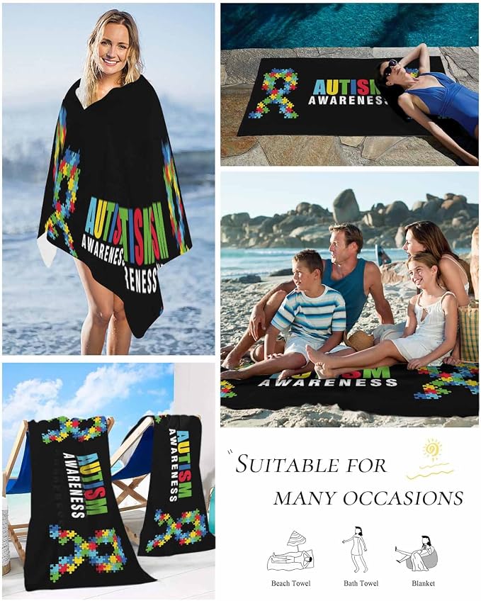 YOUNGKIDS Abstract Retro Large Beach Towels - 30x60in Microfiber Beach Towels Autism Awareness Jigsaw Blocks Pieces Black Quick Dry Lightweight Beach Pool Towel for Travel Camping Yoga