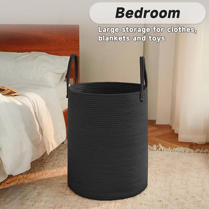 JMvicyroam 60L Cotton Rope Laundry Basket Hamper, Black | Collapsible laundry basket, reinforced handles, freestanding, machine washable, holds 3-5 thick blankets, clothes or toys