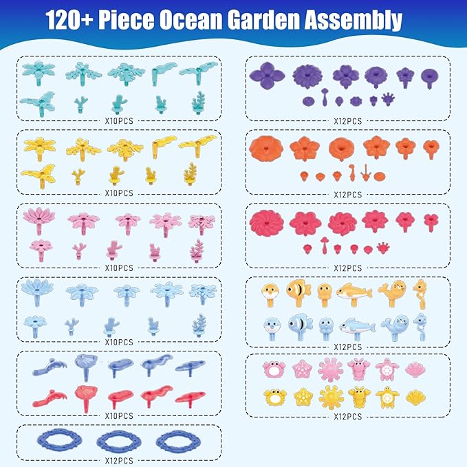 Ocean Flower Garden Building Toy for Toddlers 3-7 Years Old - Educational STEM Gifts for Girls Age 3 4 5 6 7, DIY Kids Sea Animal Coral Stacking Set, 120+ PCS Preschool Learning Activity Kit