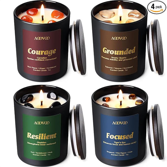 AOOVOO Crystal HEAL Candles Set - 4 Pack Candles for Home Scented, Aromatherapy Candle with Crystals, Resilient Obsidian/Focused Tiger's Eye/Courage Carnelian/Grounded Smoky Quartz