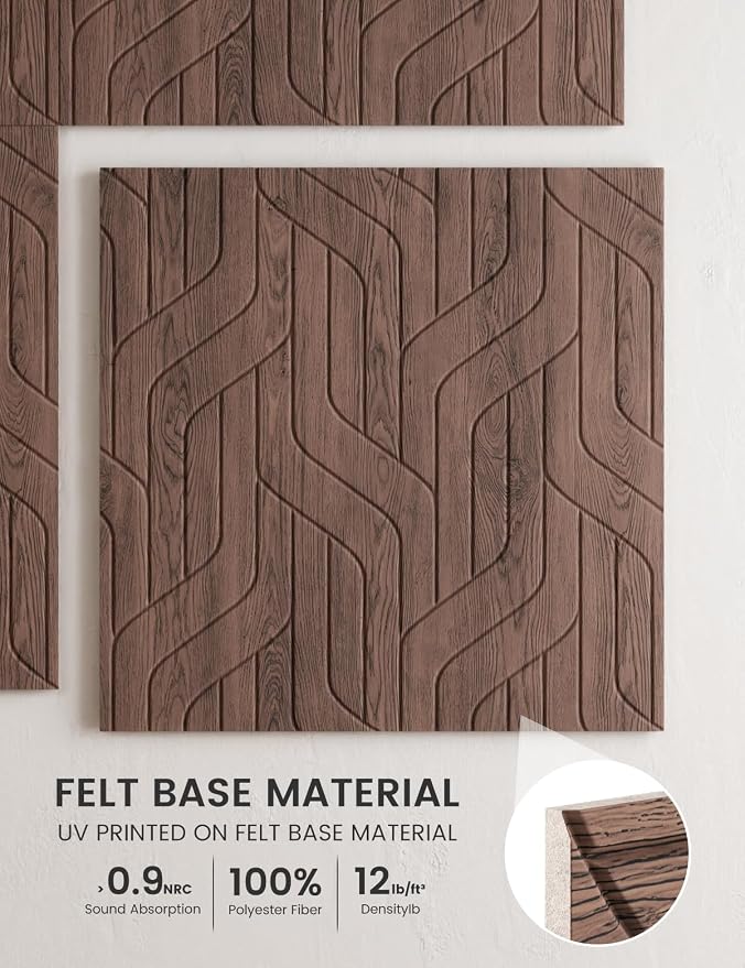 Fluxynara 6-Pack Large Felt Bulletin Board, Walnut Artistic | 70.87" x 47.24" Cork Board Alternative, Acoustic Wall Panels with 60 Adhesive Tabs for Recording Studios and Home Offices