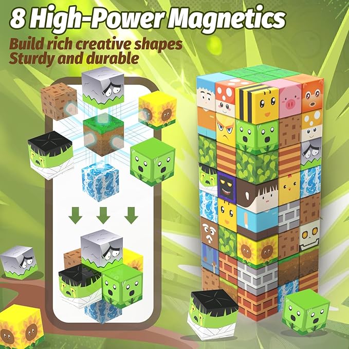 Magnetic Blocks Building Toys for Kids, 100PCS 1inch Magnet Cubes with Zombie Theme, Stacking Magnet Construction Tiles Toy Birthday Gifts for Boys Girls Age 3+ Years Old.