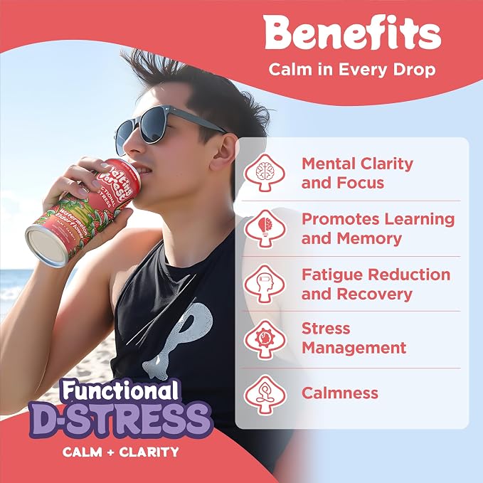 Melting Forest Functional D-Stress - Adaptogen Drink with L-Theanine, Reishi, Lion's Mane & Magnesium - Relaxation Drinks for Stress Relief - Zero Sugar, 5 Calories - Watermelon Elderflower (12-Pack)