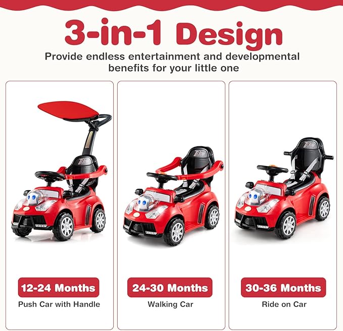 Costzon Push Car for Toddlers, 3 in 1 Stroller Sliding Walking Car with Handle, Canopy, Seat Belt, Horn, Music & Lights, Under-Seat Storage, Guardrail, Foot-to-Floor Ride On Toy for Boys Girls (Red)