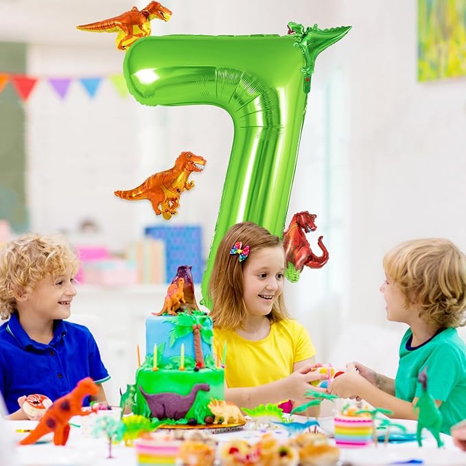 Dinosaur Green Number 7 Balloon, 40 Inch Big Large Foil Helium Green Number Balloon with 4 Pcs Mini Dinosuar, Dinosuar Mylar Balloons Set for 7 Year Old Birthday Party Decorations Supplies