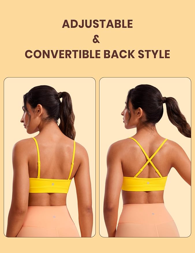 CRZ YOGA Butterluxe V-Neck Sports Bras for Women - Adjustable Thin Straps Padded Yoga Top Basic Wireless Camisole