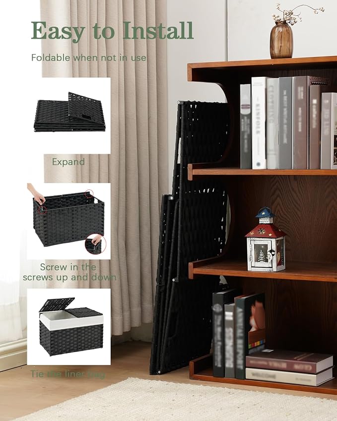 SETVSON Storage Basket with Lid PE Rattan Storage Basket 105L, Black | 27.8 Gallon Storage Bin with 2 Separate Lids, 2 Removable Liners for Clothes & Blankets, Sturdy Metal Frame, PE Rattan