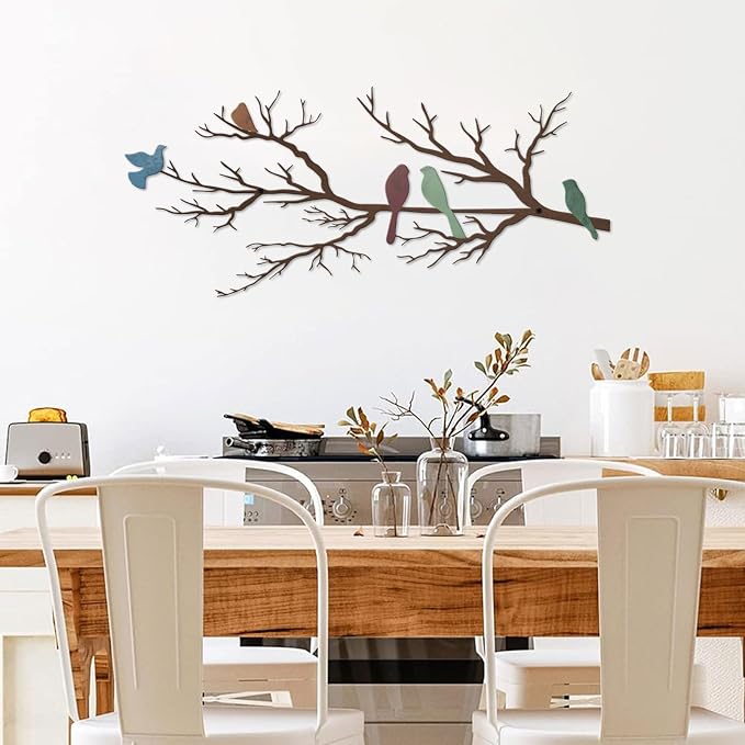 ESTART Metal Birds Wall Art, Metal Vivid Birds on Branch Silhouette Wall Decor Leaves with Bird Outdoor Hanging Wall Sculpture for Home Living room Bedroom Balcony Garden (Colorful, Small)