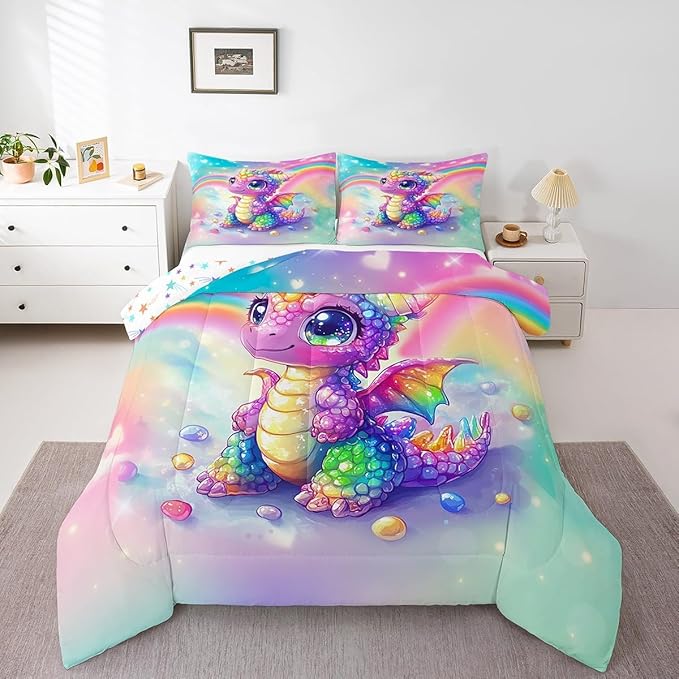 Feelyou Dragon Comforter Set King Size Dragon Stuff Comforter for Boys Girls Teens Cute Bedding Set Dragon Decor Duvet Set Room Decor Multicolored Quilt Set