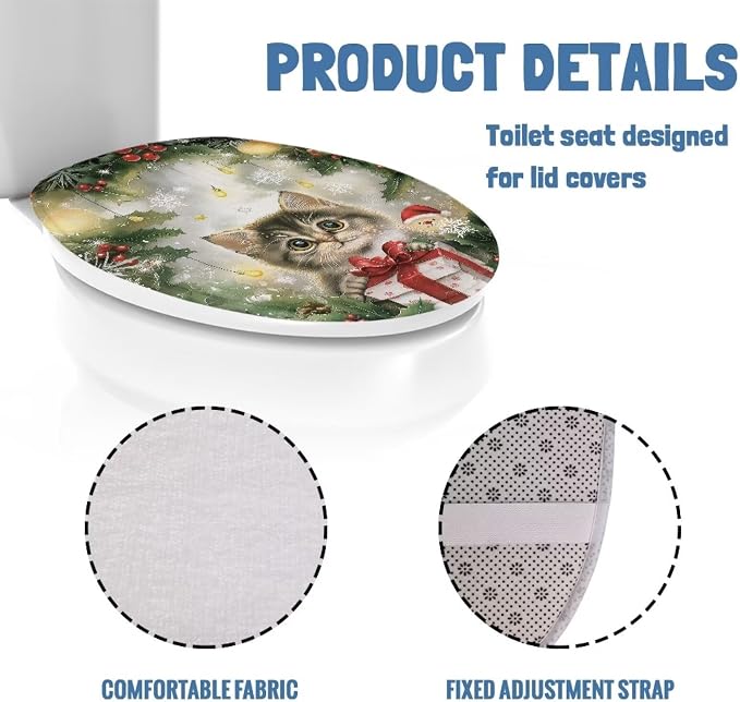 Christmas Cat Fuzzy Toilet Seat Cover for Xmas Decor Bathroom Accessory Soft Toilet Tank Cover for Trip Dustproof Motorhome Bathroom Accessory Universal Fit Oval