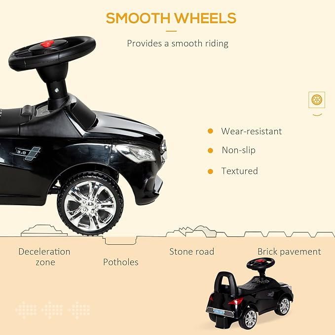 Aosom Kids Ride On Push Car, Foot-to-Floor Walking Sliding Toy Car for Toddler with Working Horn, Music, Headlights and Storage, Black