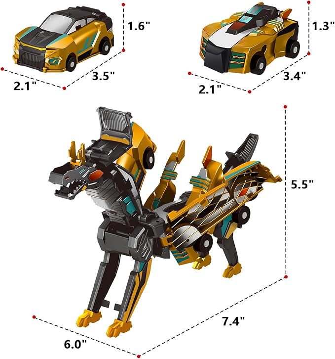 Collision Transforming Dinosaur Car Toy, 2 Magnetic Cars Transform into Dinosaur Toys for Kids Toddler Fun Deformation Robot Dino Car Christmas Birthday Gift Toys for Boys Girl(Golden Dragon)