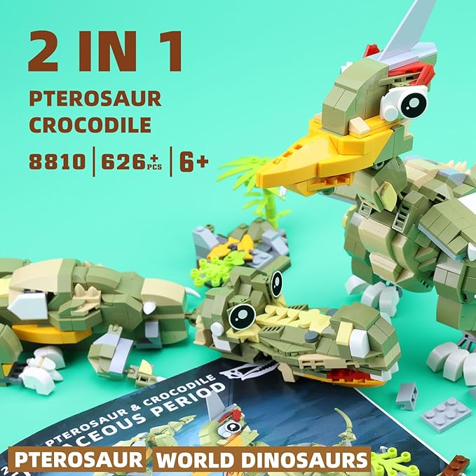 2 in 1 Pterosauria&Crocodile Dinosaur World Park Building Set,Dino Blocks Toys Sets for Boys,Age 6+ Year Old