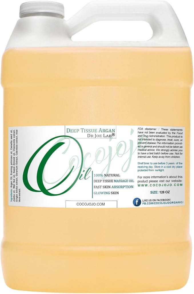 Deep Tissue Argan Massage Oil Blend - Bulk 1 Gallon - Natural Carrier Oil Blend of Rich Herbs & Extracts Moroccan Argon Oil, Jojoba, Emu - Deep Tissue Hot Towel Spa Muscle Rub Hair Skin Face Body