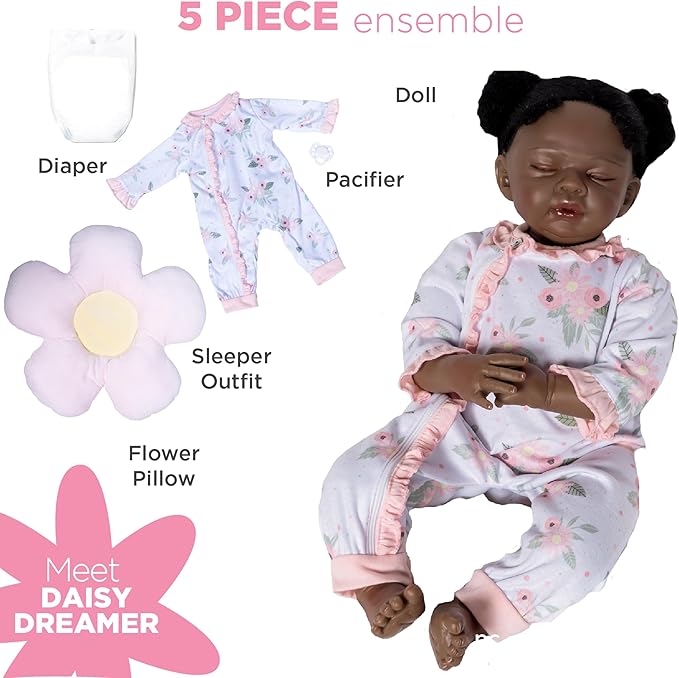 Paradise Galleries 18 Inch African American Realistic Reborn Baby Girl Doll Sleeping in Onesie with Flower Pillow Accessories Collectible Gift Set – Daisy Dreamer