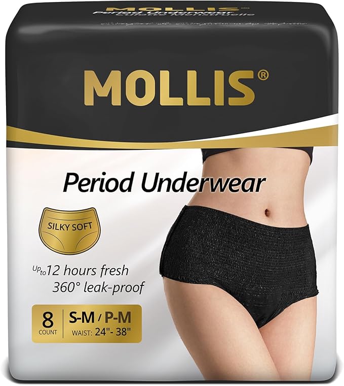 MOLLIS Disposable Period Underwear for Women, Postpartum Panties, Maternity Knickers Heavy Flow Leak Proof, Unscented, Black, Small/Medium, 8 Count