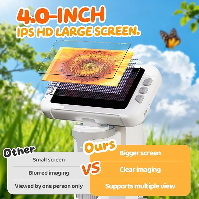 1600X Microscope for Kids, 4K 4.0" Digital Screen Kids Microscopes with Slides Kit, Educational Science Toys for Christmas Birthday Gifts for 3-14 Year Old Children Students