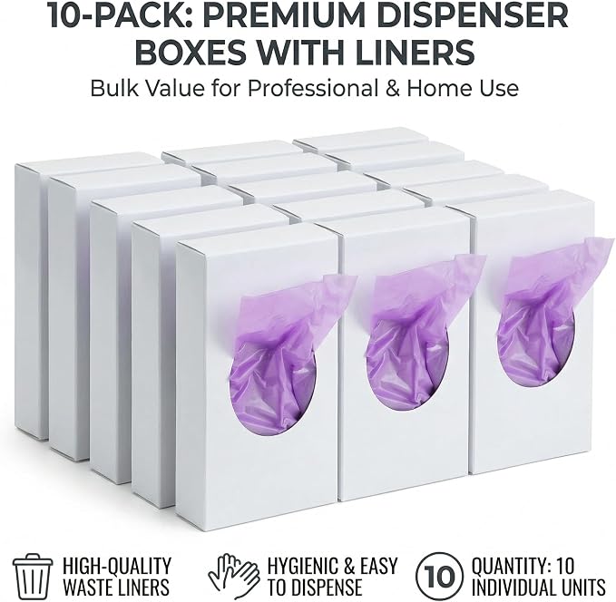 Universal Feminine Disposal Bags for Menstrual Care Products- 10 Pack- Purple- 30ct Refill Box- for Disposal of Tampons, Pads, Hygiene Products