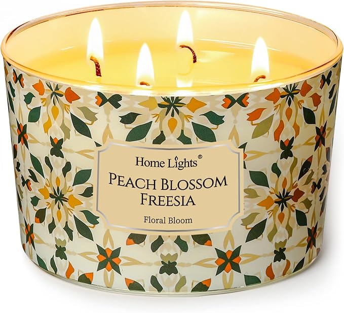 HomeLights Soy Wax Candles for Home Scented, 4-Wick Candles in Peach Blossom Freesia Scented, Aromatherapy Candles Gift for Parties, Relaxing, Bohemian Natural Textures, 18oz