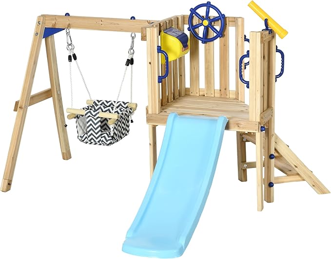 Outsunny Swing Set for Backyard, Wooden Toddler Outdoor Playset with Baby Swing Seat, Kids Slide, Fort, Playground Equipment with Captain's Wheel, Telescope for Ages 1.5-4, Natural