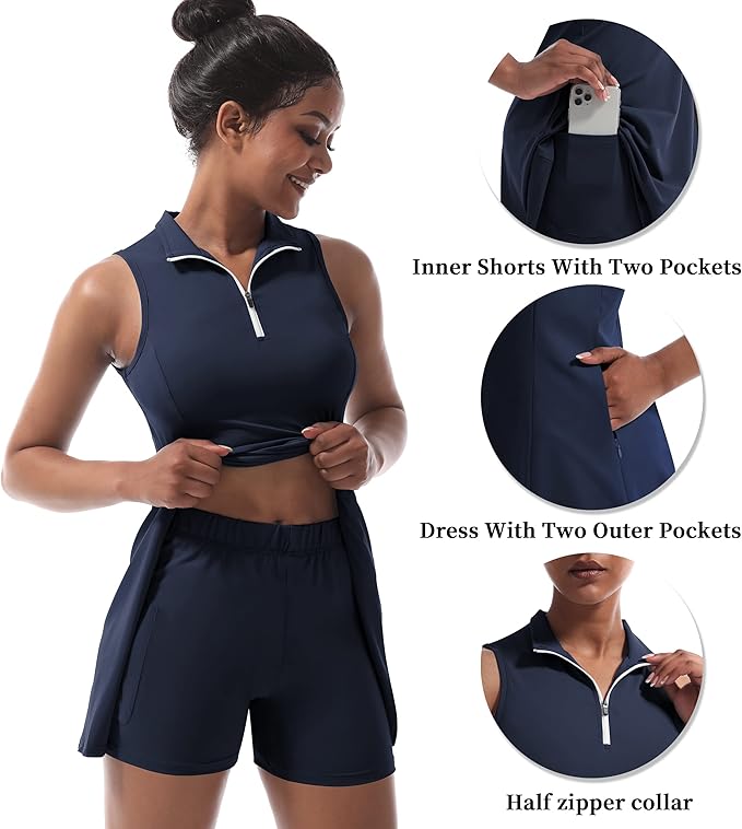 Tennis Dress for Women, Golf Dress with Shorts and Pockets Athletic Dress | Sleeveless Collared Half-Zipper Workout Sport Dress, Stretch Moisture Wicking Fabric, Tennis Golf Outfits