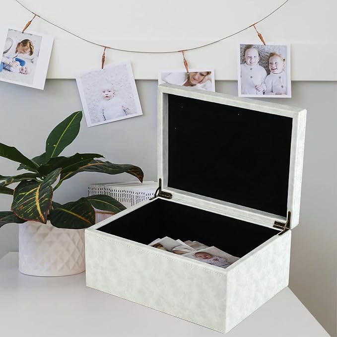 HofferRuffer Faux Leather Decorative Box, Large Wooden Structure Keepsake Box Accessory Organizer Jewelry Organizer with Hinged Lid, Storage Container for Home or Office (Cream White)