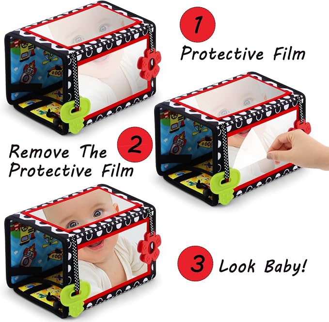 Tummy Time Floor Mirror with Teethers, Double-Sided Baby Mirror Black and White High Contrast Baby Toys for Babies, Baby Montessori Toys Crawling Developmental Newborn Infant Sensory Toys