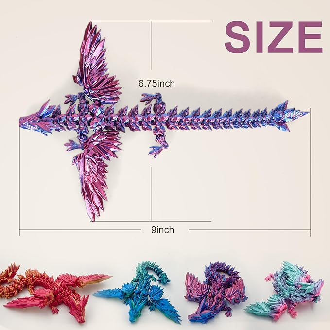 3D Printed Dragon with Wings, 3D Dragon 9" Articulated Winged Dragon for Home Office Decor Executive Desk Toys, Black Red