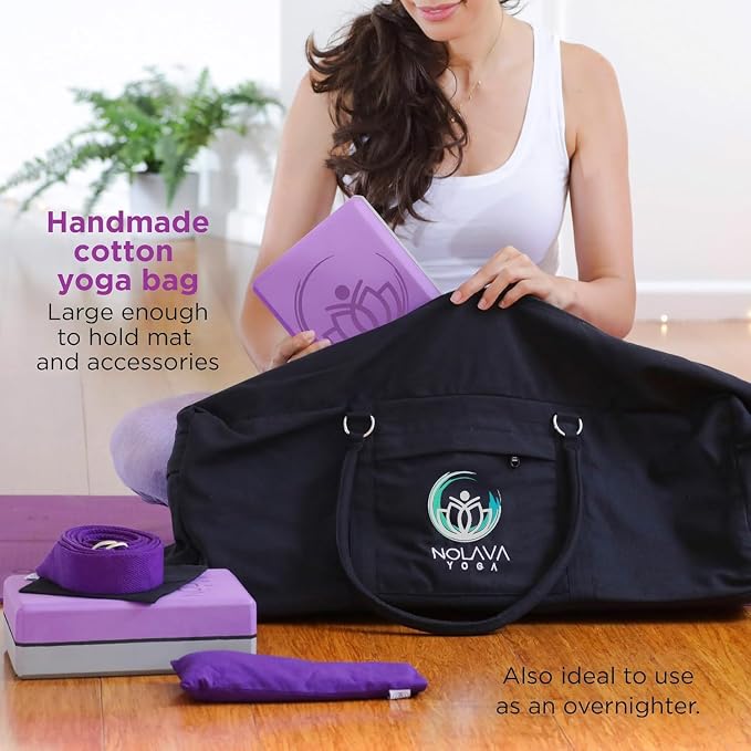 Nolava Yoga Mat with Bag – 72 x 24 inch, 1/4 inch Thick Non-Slip Mat – Includes Slap Band, Black Zippered Carry Tote with Mat Sleeve & Inner Pocket – For Yoga, Pilates, Home or Studio.