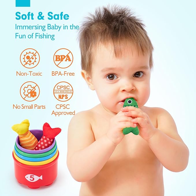 hahaland Montessori Toys for 1 Year Old Boy Girl Birthday Gift - 10 in 1 Cloth Fishing Game Valentines Day Gifts for Toddler Toys 1-3 with Stacking Cups - Number Counting, Color Sorting Learning