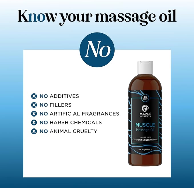 Muscle Massage Oil for Body - Relaxing Massage Oil with Lavender Lemon and Rosemary Essential Oils for Muscles and Joints - Gentle Moisturizing and Warming Formula for Pro or Home Use (8 Fl Oz)