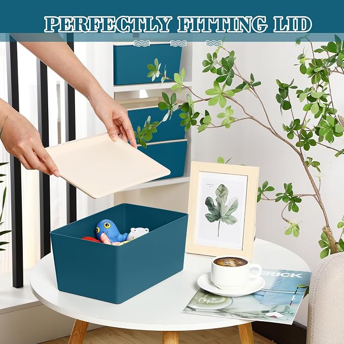 4 Pcs Storage Bins with Lids Plastic Stackable Containers for Classroom Room Organizing Shelves Christmas Ornament Box Baskets(Blue,Large)