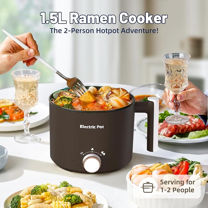 Electric Hot Pot 1.5L Nonstick Ramen Cooker for One-Person | Dual Power Setting for Hot Pot, Pasta/Soup/Oatmeal/Egg, Portable for Dorm/Travel, Overheat & Boil-Dry Protection(Brown, 1.5L)