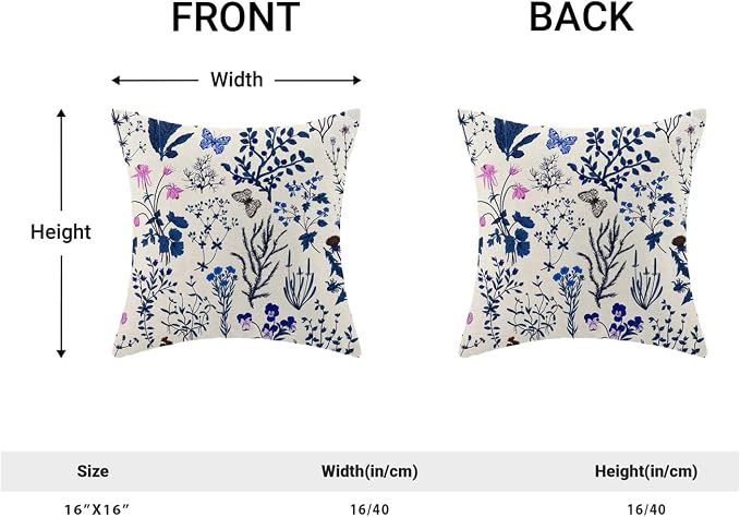 AEIOAE Summer Pillow Covers 16x16 Inch Set of 2,Navy Blue Wild Flower Plant Throw Pillows Case,Seasonal Floral Outdoor Decorative Square Linen Farmhouse Decor Cushion Covers for Home Sofa Bed Couch