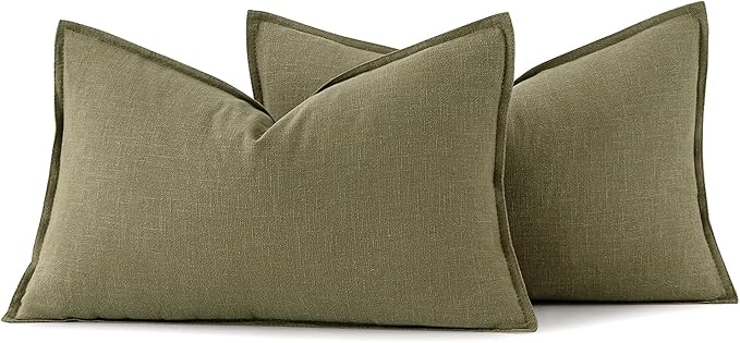 MIULEE Decorative Linen Lumbar Pillow Covers 12x20 Inch Light Olive Green | Boho Farmhouse Neutral Couch Throw Pillows for Bed, Pack of 2 Accent Modern Pillowcases, Sofa Livingroom Home Decor