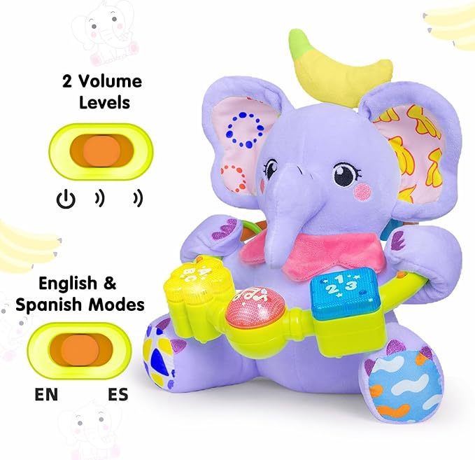 Baby Bilingual Musical Elephant Stuffed Animals Toys,Infant Early Learning Toy with Light-Up Music & Crinkle,Tummy Time Toys for 0 3 6 9 12+ Months for Baby Boy Girl Gift,Purple
