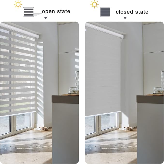 AOSKY Zebra Blinds for Windows Cordless Roller Shades for Home Free-Stop Windows Shades Dual Layer Light Control for Day and Night Easy to Install 25" W X 72" H, Grey