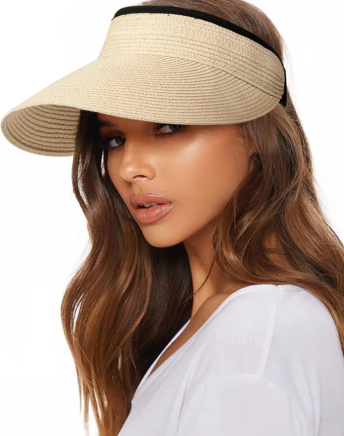 FURTALK Womens Sun Visor Hat Straw Sun Visors for Women Summer Packable Ponytail Beach Hats for Women Travel UPF 80+