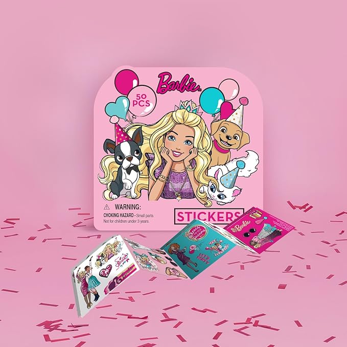 Megatoys Barbie Birthday Party Gift Set - Tin Box, Tin Pencil Case, Stickers, Birthday Necklace, Plush, and Birthday Hat