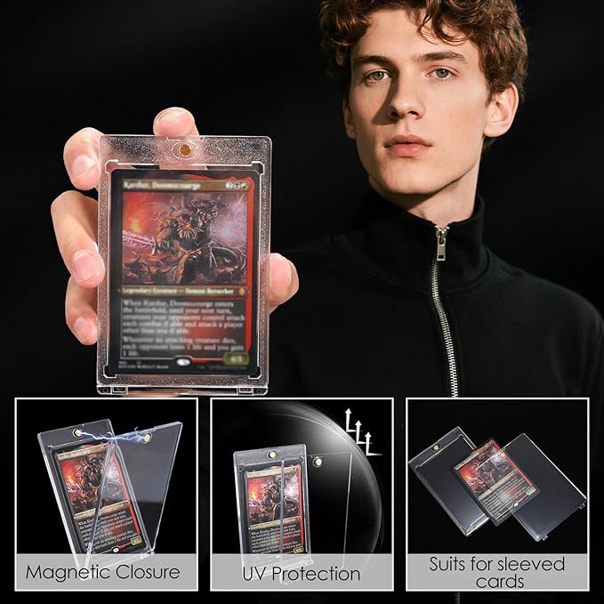 Trading Card Storage Box with Commander Display, 5-Row Deck Case with Removable Lid, 4000+ MTG Deck Box with 48 Colorful Divider, 5 Magnetic Card Holders, 5 Stoppers, Dice Tray(Black Grey)