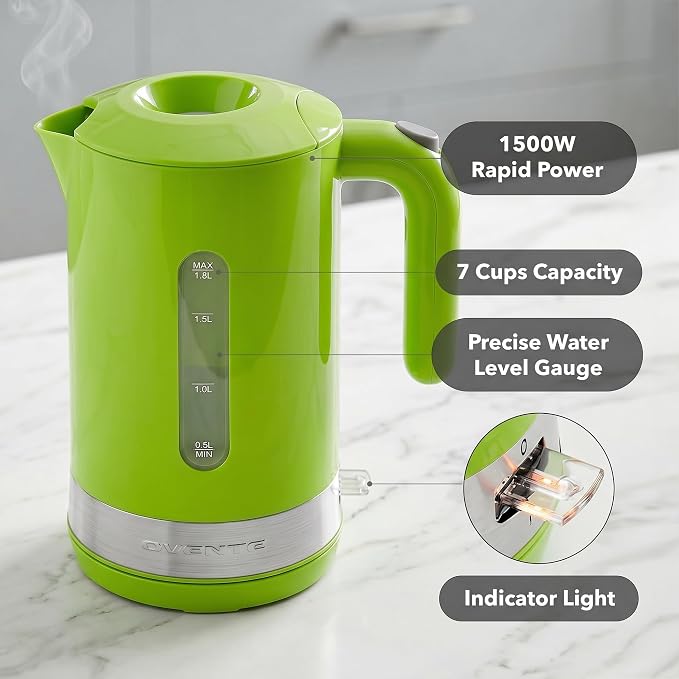 OVENTE 1.8L Electric Kettle, 1500W Fast Boiling Heater for Coffee or Tea, BPA Free, Easy to Fill Lid, Water Level Window, Auto Shut-Off, Boil-Dry Protection and Removable Filter, Green KP413G