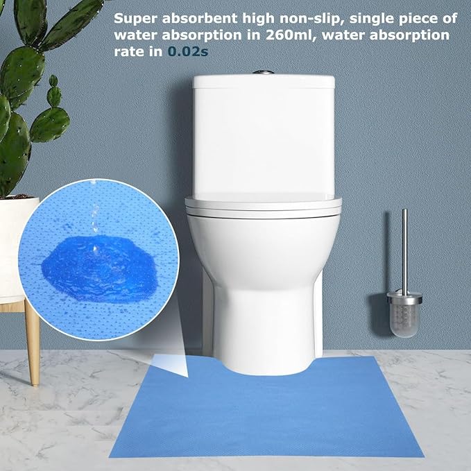 Blue Upgraded 25 Pack Disposable Toilet Mats,Super Absorbent Toilet Training Mat for Kids & Adults,Non-Slip Pads for Bathroom Floor,U-Shaped Potty Training Rug,Around Toilet Urine Protector 24"x22"