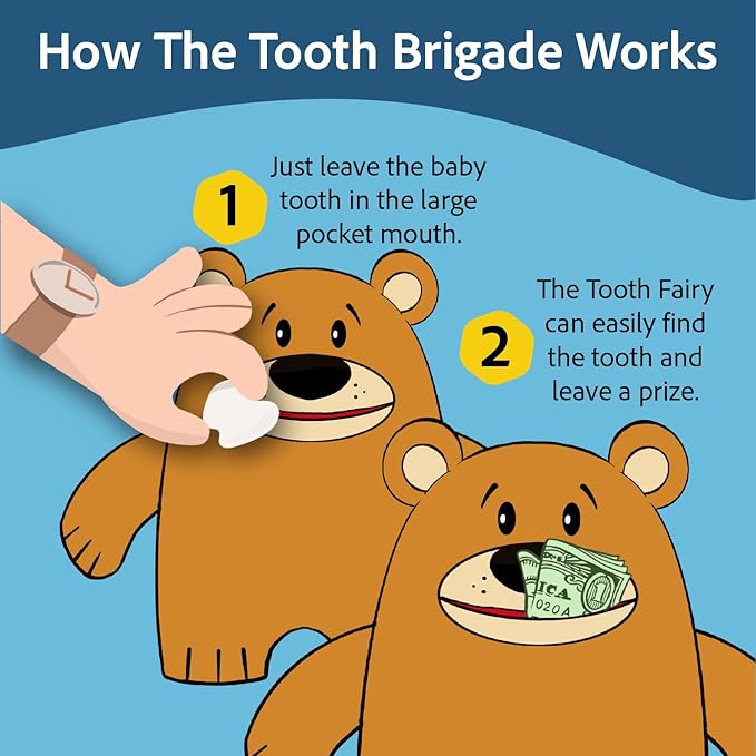 The Tooth Brigade Tooth Fairy Pillow | Stuffed Plush with Large Pocket Mouth for Lost Teeth, Treasures, Prizes - Fun and Interactive Plush, Perfect Kids, Boys, & Girls Gift (Tupelo Brown Bear)