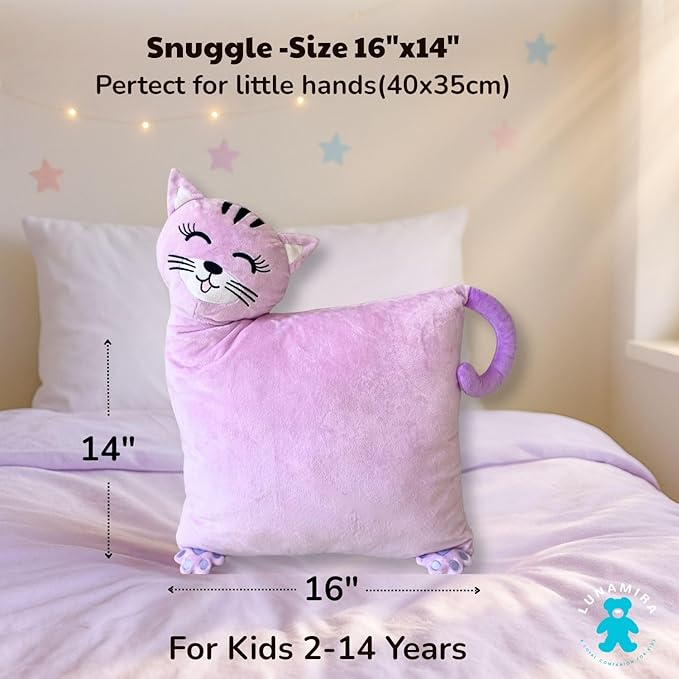 LUNAMIRA Kids Cat Plush Pillow – Cute Bedroom Decor Throw Pillow & Movie-Night Buddy, Cuddle Sleeping Pillow, Soft Comfort Toddler Travel Pillow, Washable Cover, 16”x14” Birthday for Kids