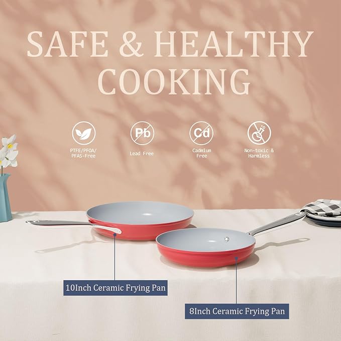 CookinCraze Premium Ceramic Frying Pan, 10 Inch Nonstick Skillet | for Healthy Cooking PFAS & PTFE Free, Induction Compatible Oven Safe up to 500°F Stay-Cool Stainless Steel Handle, Fusion Red