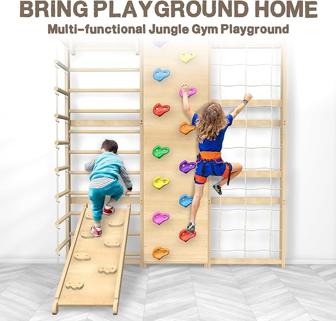 Upgraded Extra-Large Size 94.5inch Height 10-in-1 Swedish Ladder Gym Set, Home Playground with Swing, Rope Ladder, Pull-Up Bar, Slide and Rock Climbing Wall for Kids and Adults